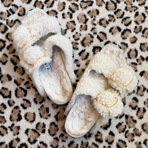 Birkenstock Cream Fuzzy Sandals with Gold Buckles